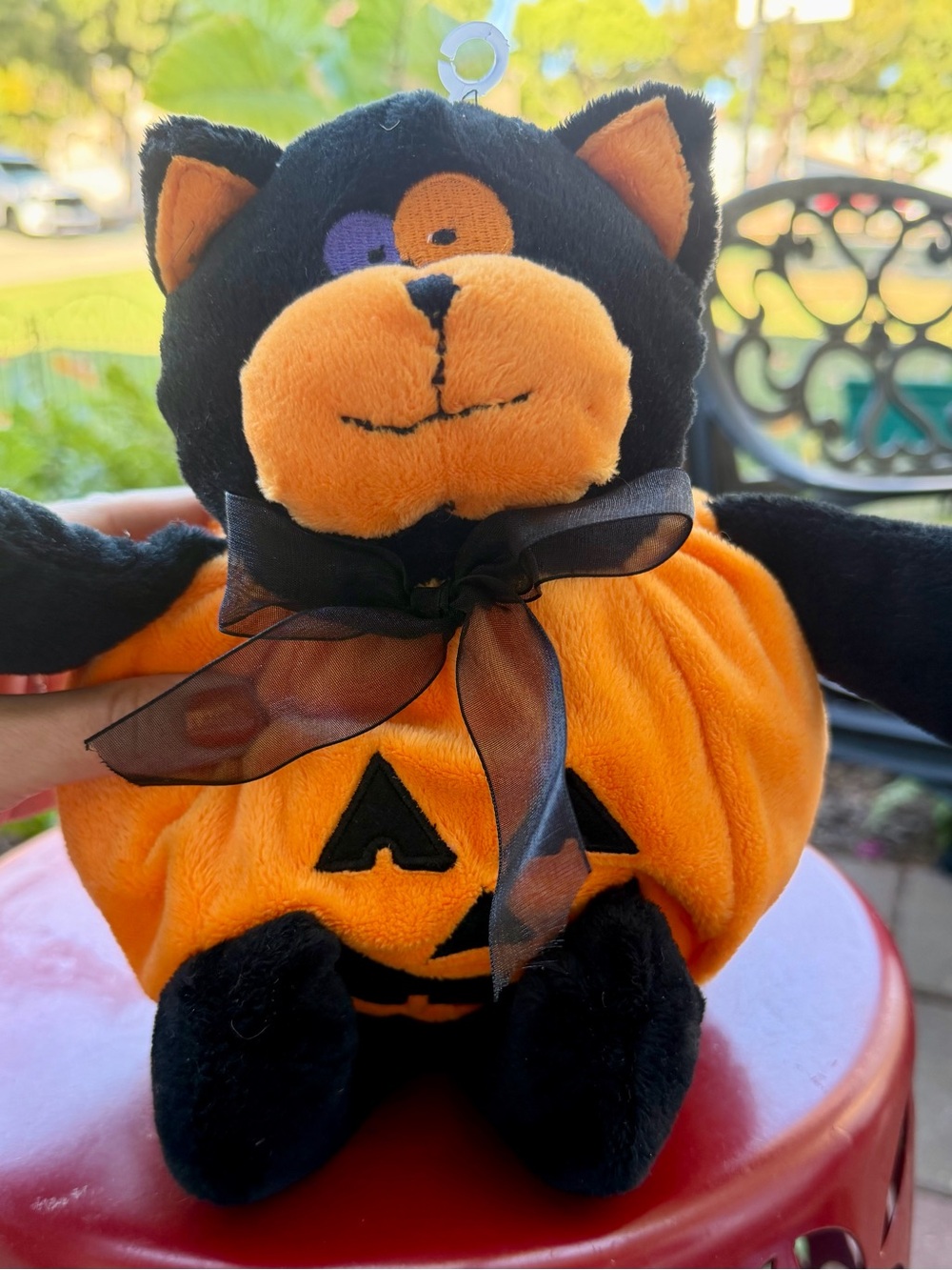 Vintage Halloween Pumpkin Cat Plush - Black & Orange Soft Toy
